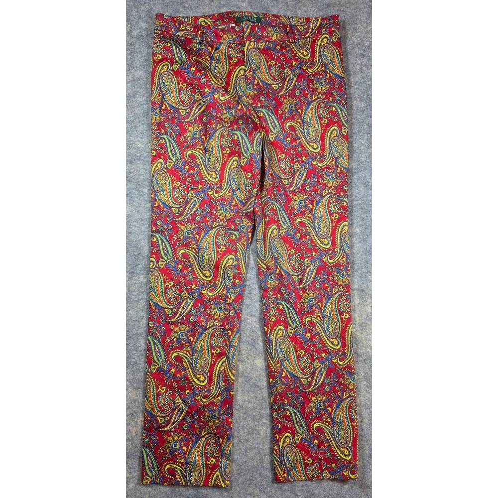 Lauren‎ Ralph Lauren Red Paisley Slim Leg Pants Size 6 Bohemian Cotton Stretch